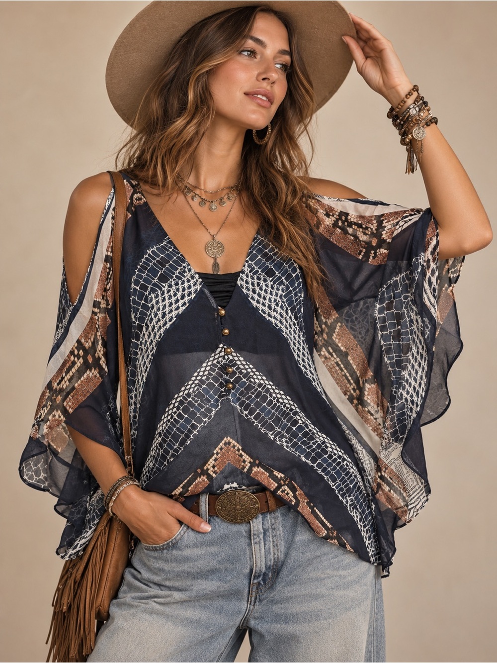 Twelfth Street Cynthia Vincent 100% Silk Snake Print Cold Shoulder Blouse Small